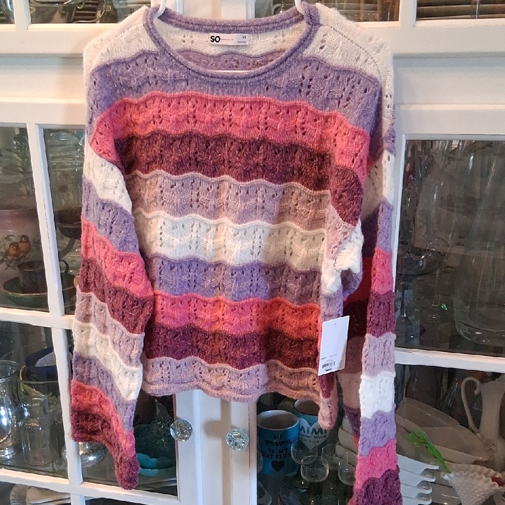 SO Women's Colorful Striped Crew Neck Sweater